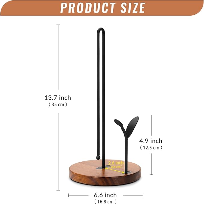 Wood Paper Towel Holder Countertop, Leaf-Shaped Accent Iron Rods with Anti Slip Weighted Base, Easy Tear Farmhouse Kitchen Towel Holder for Dining Table