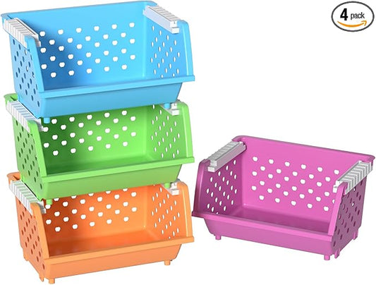 4 Packs Plastic Storage Basket Stackable, Stacking Storage Baskets Open Front