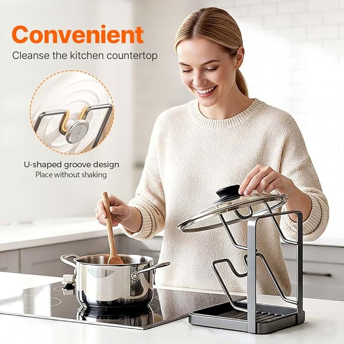 Kitchen Pot Lid Storage Rack,Thickened Carbon Steel Pot Lid Holder While Cooking,Multifunctional Pot Lid Organizer For Kitchen Countertop,With Removable Drip Tray (white - Single layer)