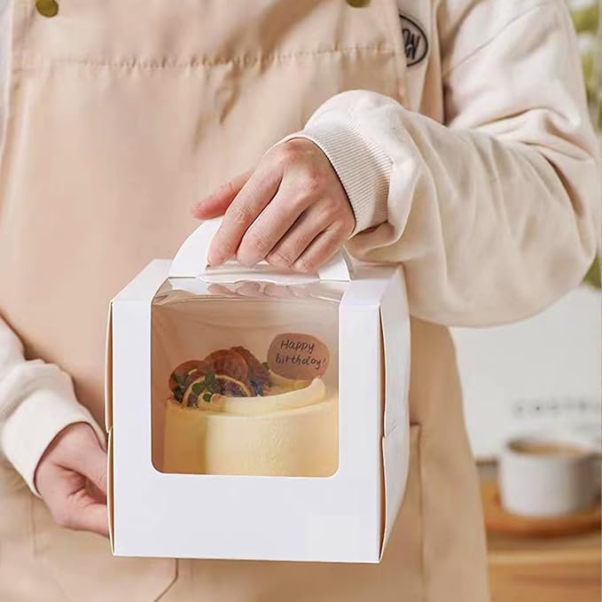 20 Pcs 6x6x5 Inch White Cake Boxes with Window & Handle & Cake Boards, Easy Carrying Plastic Cake Containers, Cake Holder Carriers for Birthday Christmas Birthday Wedding, Party, Gift