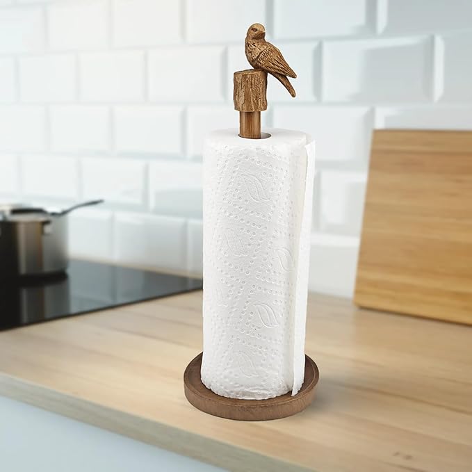 Paper Towel Holder Countertop, Faux Wood Color Paper Towel Stand with Bird Design Top