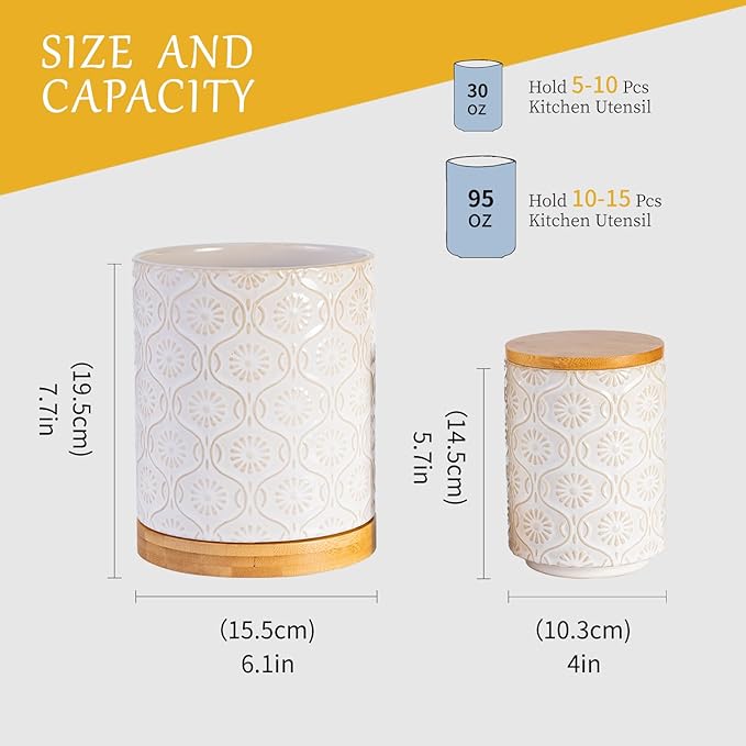 TEATALK Utensil Holder Set of 2, 7.7"+5.7" Ceramic Kitchen Utensil Holder for Countertop, Farmhouse Vintage Utensil Crock, 360° Rotating Large Utensil Organizer, White