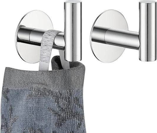 JQK Self Adhesive Towel Hook Chrome, No Drill Stick on Coat Robe Clothes Wall Hook for Bathroom Kitchen Garage 2 Pack, 304 Stainless Steel Polished Steel, ATH110-CH-P2