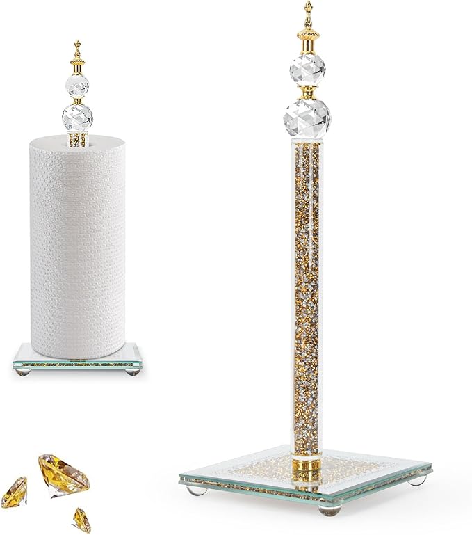 Gold Paper Towel Holder, Bling Crystal Paper Towel Roll Holder, Decorative Standing Paper Towel Holder for Kitchen Countertops Bathroom, Paper Towel Dispenser with Weighted Base (Square/Gold-A)