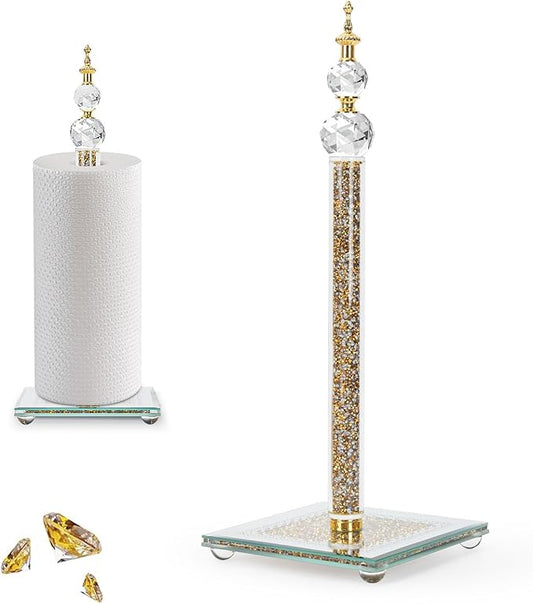 Gold Paper Towel Holder, Bling Crystal Paper Towel Roll Holder, Decorative Standing Paper Towel Holder for Kitchen Countertops Bathroom, Paper Towel Dispenser with Weighted Base (Square/Gold-A)