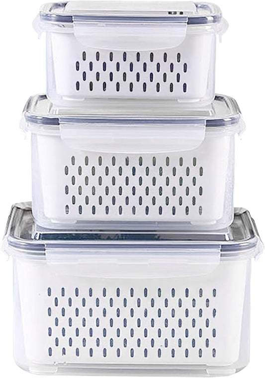 Ronanemon 3Pack Fridge Food Storage Container Set with Lids with Strainer,Plastic Fresh Produce Saver Vegetable Fruit Meat Storage Organization, BPA-Free Plastic Produce Keepers(3.15L+1.7L+0.8L)