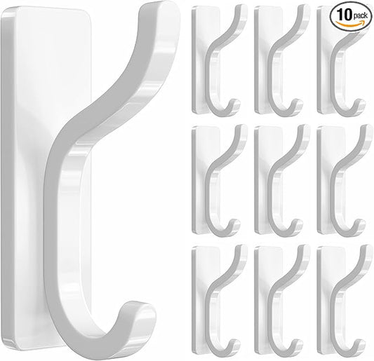 pickpiff Adhesive Wall Coat Hooks - Heavy Duty Stick-On Door Hanger, Metal Hook for Hanging Towel,Purse, Robe, Backpack, Jacket, Clothes - for Bathroom,Dorm, Closet, Kitchen - White, 10 Pack