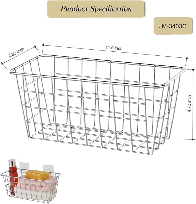 JUNCHU CHERRY 2 Pack Hanging Storage Basket, Bathroom Basket, Household Goods, with Traceless Tape, no Drilling, for Cabinet Storage, Kitchen, Bathroom, Storage Room,Chrome