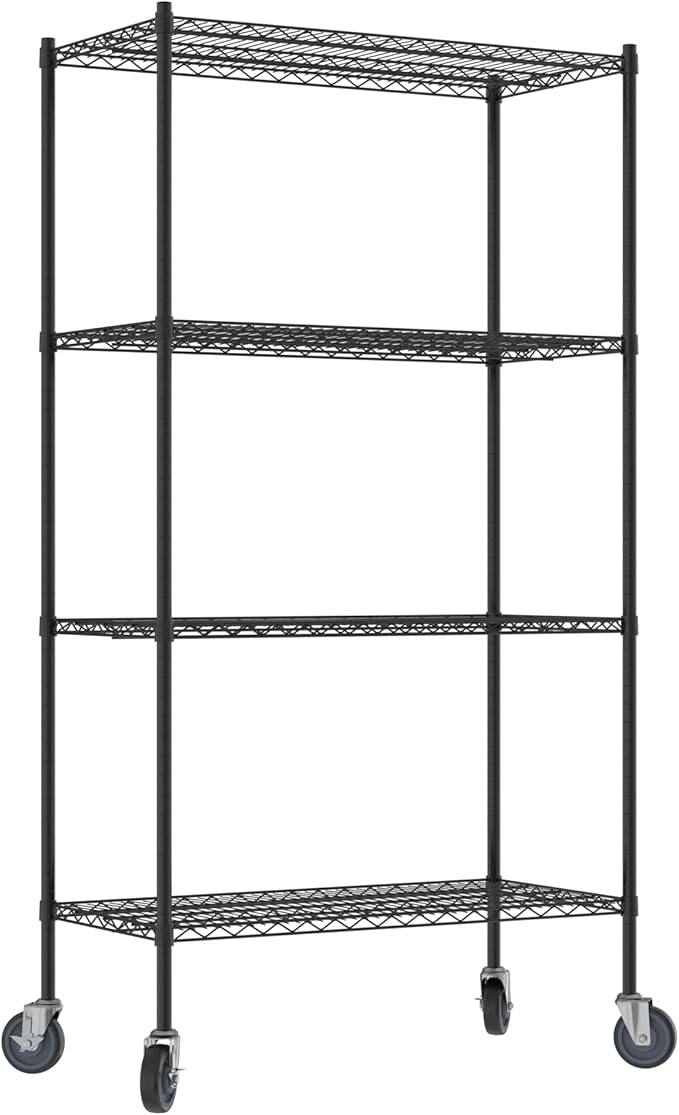 Commercial NSF Listed Black Epoxy Mobile Wire Shelving Kit 21" x 42" x 80", with 4 Shelves Perfect for Warehouse, Walk-in Refrigerator, Freezer, Grocery Store, Restaurant, Dishroom