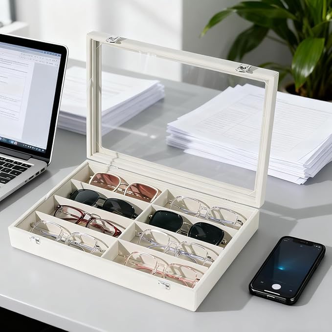 Glasses Holder Box Drawer Sunglass Organizer for Men Clear Wide Storage Case 8 Slots Multiple Reading Glasses Display, Beige Velvet With Clear Glass Lid