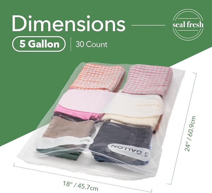 Seal Fresh 5 Gallon Large Plastic Storage Bags – 18" x 24" (30 Count) – Reusuable XXL Extra Large Heavy Duty Clear Jumbo Freezer Zip Bags with Sealable Zipper Top For Clothes, Travel, Moving