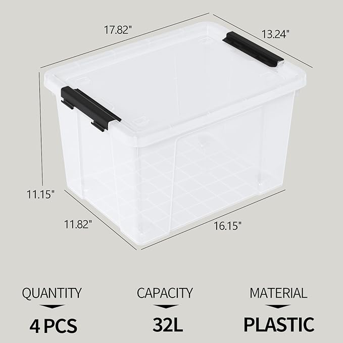 Parlynies 4-Pack 32 L Plastic Storage Box with Lid, Stackable Latch Storage Bin with Wheels, Clear