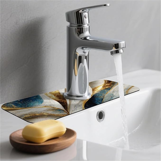 Kitchen Sink Splash Guard，Abstract Blue gold white marble Faucet Mat Sink Gadgets-Super Absorbent Fast Drying Mat Drip Catcher for Kitchen, Bathroom,Sink Mat, Dish Drying Mat, Bathroom(15" X 5.5" )
