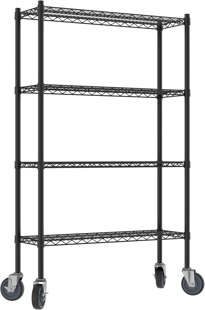 Commercial NSF Listed Black Epoxy Mobile Wire Shelving Kit 12" x 36" x 60", with 4 Shelves Perfect for Warehouse, Walk-in Refrigerator, Freezer, Grocery Store, Restaurant, Dishroom