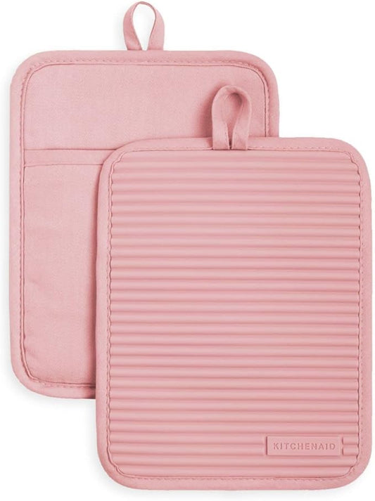 KitchenAid Ribbed Soft Silicone Pot Holder 2-Pack Set, Dried Rose, 7"x9"