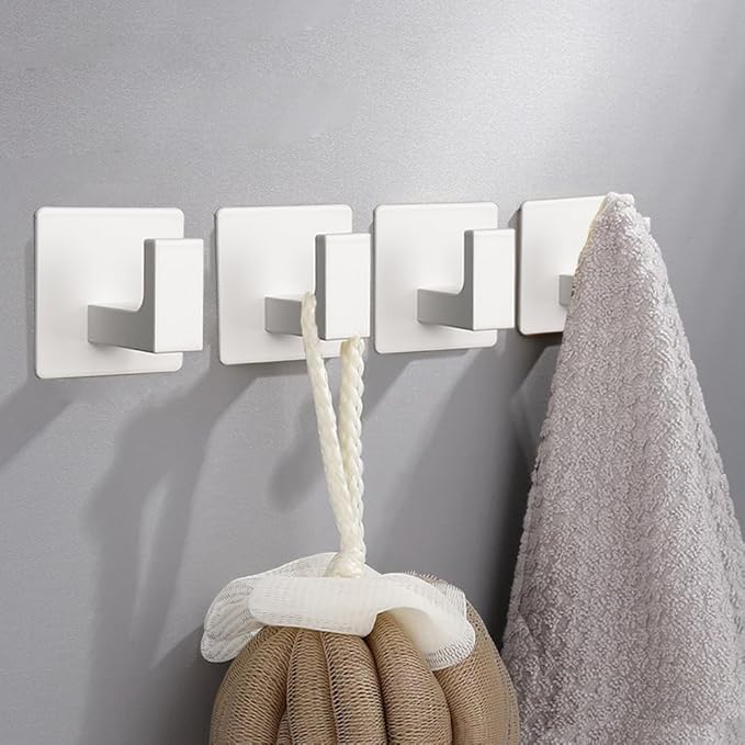 Vanloory Bath Towel Hooks, 6 Pack Self Adhesive Square Coat Hooks, Sturdy No Drilling Robe Hook, Heavy Duty Aluminum Clothes Hanger, Wall Hooks for Bathroom Bedroom Kitchen (2 in, White)
