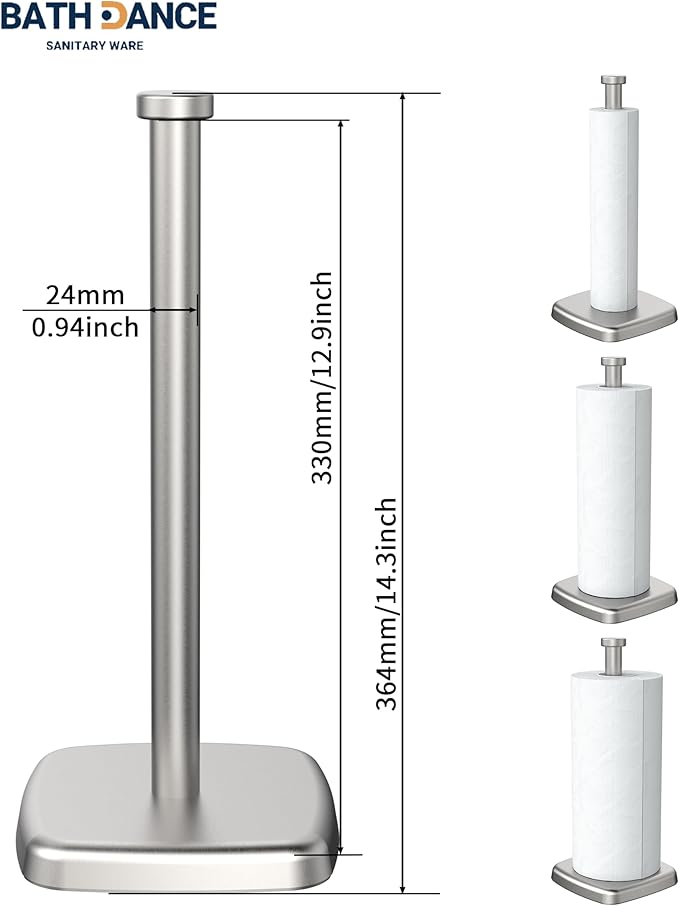 Paper Towel Holder Countertop, Paper Towel Dispenser Standing Weighted Base Non-Slip, Fit Most Size Tissue Roll, Stainless Steel Paper Towel for Home Kitchen Countertop Tabletop, Sliver