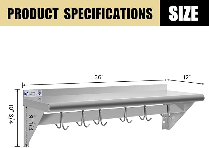 Hally Stainless Steel Shelf with 6 Hooks 12" x 36" Wall Mounted Pot Rack, NSF Commercial Floating Shelving for Storage Hanging Pots, Pans, cookware in Restaurant, Kitchen, Home and Hotel