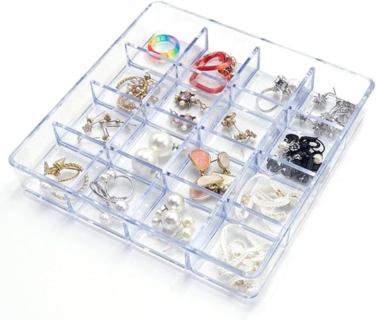 carrotez Small Stackable Jewelry Organizer Tray, 16 Grid, Clear Plastic Drawer Organizer for Makeup, Accessories, Desk, Vanity