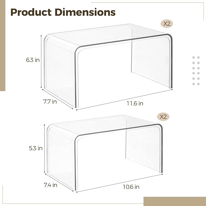 4 Pcs Clear Spice Rack Shelves, Pantry Organizers and Storage Set, Display Shelf Organizer, Stackable Desktop Organizer for Kitchen, Bathroom, 10.6 x 7.7 x 6.3 in & 7.4 x 5.3 x 10.6 in