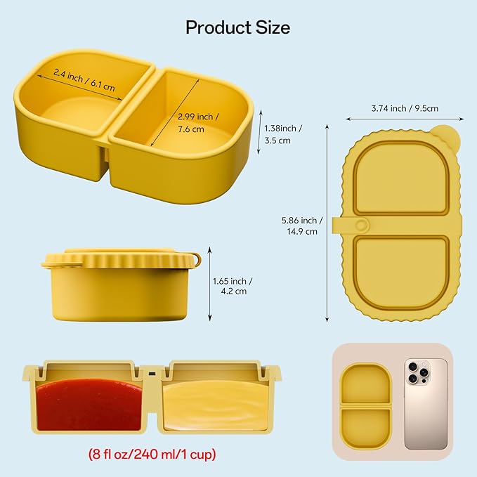 3 Pack Silicone Snack Containers with Lids, Reusable Double Compartment 8oz Leakproof Snack Box for Sauce, Dip, Salad, School, Office, Picnic
