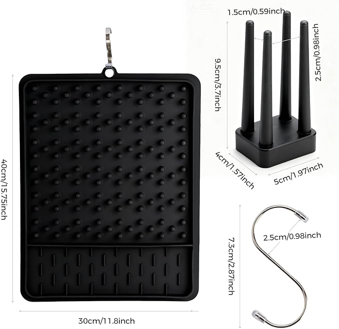 15.75"x11.18" Silicone Dish Drying Mat for Kitchen Counter, Quick Dry Dish Mat with Dish Rack and Dual-Sided Independent Zones, Multiple Usage Kitchen Mat with Hanging Hook for Home (Black)