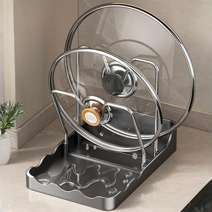 Pot Lid Holder for Kitchen Countertop - 2-in-1 Pot Lid Organizer with Spoon Rest and Rag Holder, PP + Stainless Steel Storage Rack, Grey(A)