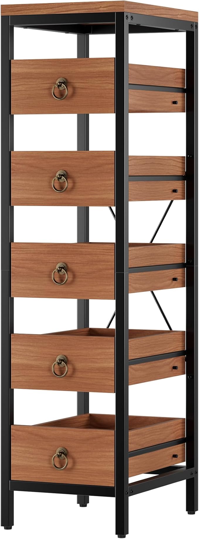 Kitchen Fruit Vegetable Storage Rack, 5-Tier Narrow Snack Fruit Display Stand with 5 Pull-Out Drawers Basket, Utility Organizer Standing Shelf for Kitchen Living Room Bathroom Supermarket, Walnut
