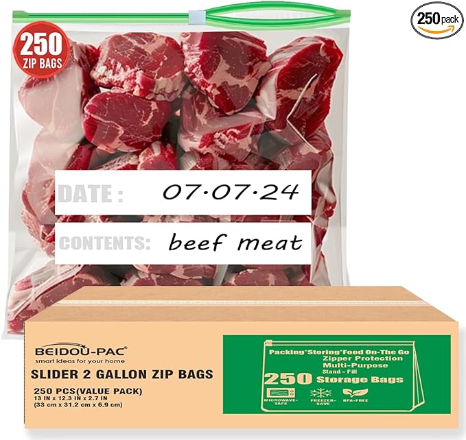BEIDOU-PAC 2 Gallon Large Slider Food Storage Freezer Bags, 250 Count | 2 Mil | 13" x 12.3" | Heavy-Duty Freshness Easy Open Reclosable Clear Plastic Bags