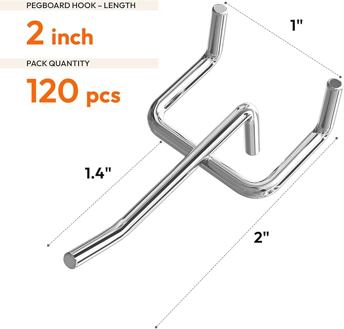 120 Pack 2 Inch Metal Pegboard Hooks, Fit 1/4 in and 1/8 in Peg Board Organizer Accessories, for Hanging Storage, Garages, Tool Sheds, Basements