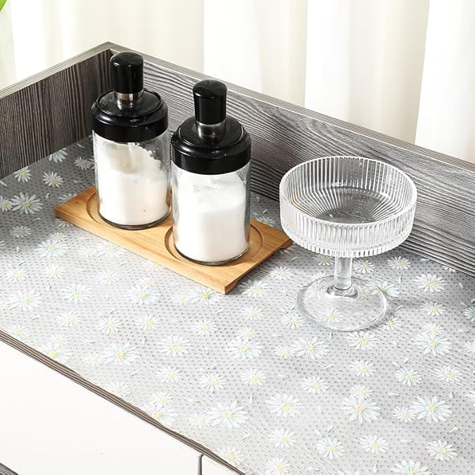 Daisy Flower Shelf Liner for Kitchen Cabinets, Non-Adhesive Drawer Liners, Non-Slip Refrigerator Mat, Washable EVA Cabinet Liner for Pantry, Fridge, Closet, Cupboard, 17.7" x 10 FT