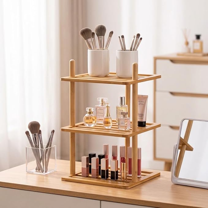 3-Tier Cabinet Organizer Shelf - Bamboo Corner Rack for Kitchen Counter, Cabinet Space Saver for Plates, Dishes, Bowls, Bread - Pantry and Bathroom Storage or Countertop(1, 3Tier-Large-6.7"H)