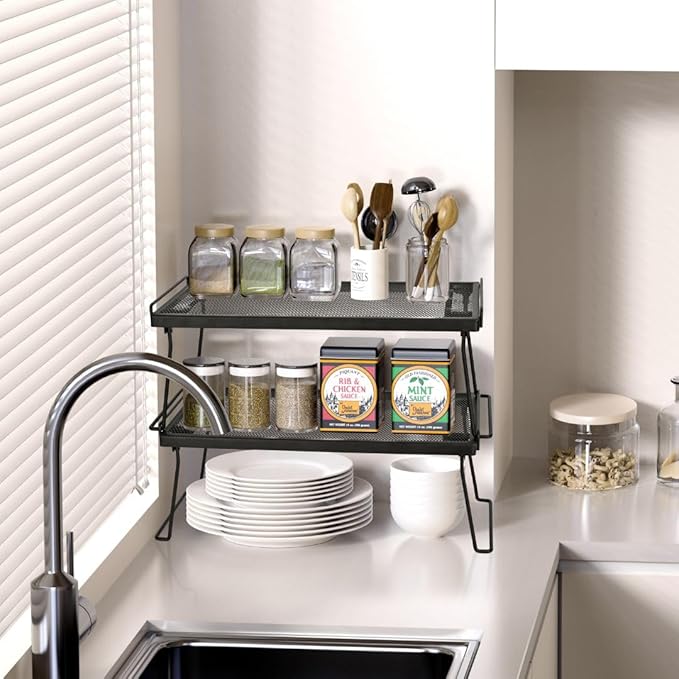 IBERG Set of 2 Stackable Cabinet Shelves, Foldable Mesh Iron Shelf Organizer for Kitchen, Pantry & Bathroom (Black)