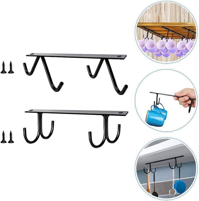 2 Set Under Cabinet Coffee Mug Holder Rack with Hooks Space-Saving Iron Cup Organizer for Kitchen Storage Draining Design for Clean Glass Cup Hanging and Multi-Purpose Use