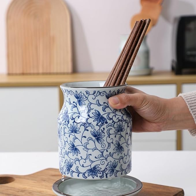 WAIT FLY Blue and White Porcelain Kitchen Utensil Holder with Bottom Flatware Storage Organizer Utensil Crock for Countertop Kitchen Counter Decor-5.5 Inch