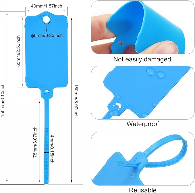 LeadSeals 100pcs Blank Plastic Tags for Labeling Reusable Hanging Tags Ties Key Tag Storage Labels Waterproof Plastic Mark Label Writable Hang Sign with One Marker Pen (Blue)