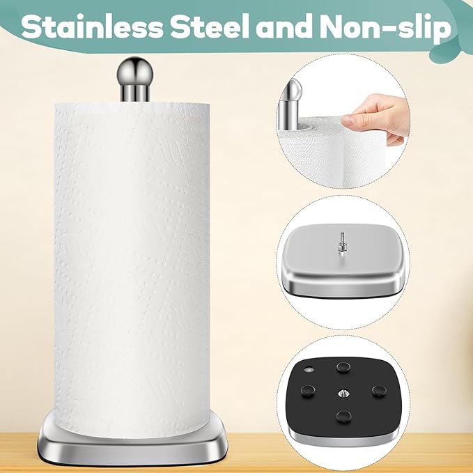 DAWNER SecureGrip Stainless Steel Paper Towel Holder Countertop, Paper Towel Stand, Dual-Weighted Suction Base for Kitchen & Bathroom‌