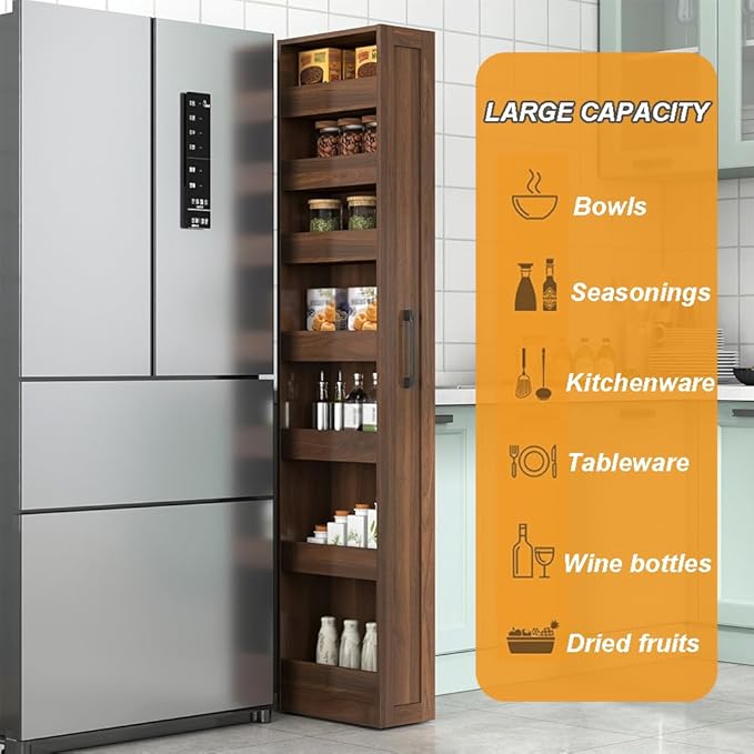 7 Tier Slim Storage Cart, Rolling Spice Rack Next to Fridge Slim, Narrow Storage Cabinet, Wood Storage Organizer with Handle Wheels for Kitchen, Dining Room (7 Tier - Walnut)