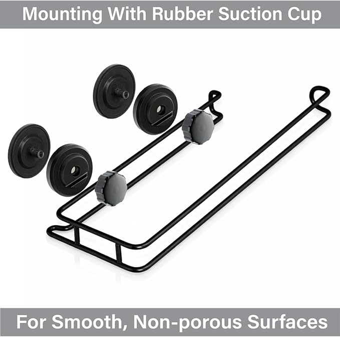 HASKO Suction Cup Paper Towel Holder, Wall Mount Metal Organizer for Bathroom & Kitchen, SUS 304 Stainless Steel Tissue Roll Hanger, Includes Optional No Drill Adhesive Mount, Matte Black