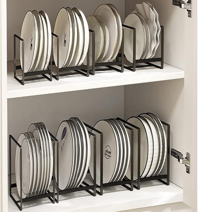 Dinnerware Bowl Plate Holder Fit for 6.5 Inches Diameters Bowl, Metal Bowl Storage Dying Display Rack for Kitchen Drawer, Countertop, Cabinet, Shelf, Cupboard (Black, 2L Bowl rack+ 2L Disc rack)