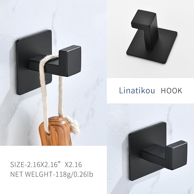 Linatikou Matte Black Adhesive Hooks, 2-Pack Stainless Steel Right Angle Hooks for Towels, Robes, Hats - No Drill Bathroom & Kitchen Organization, Rust-Proof for Smooth Surfaces