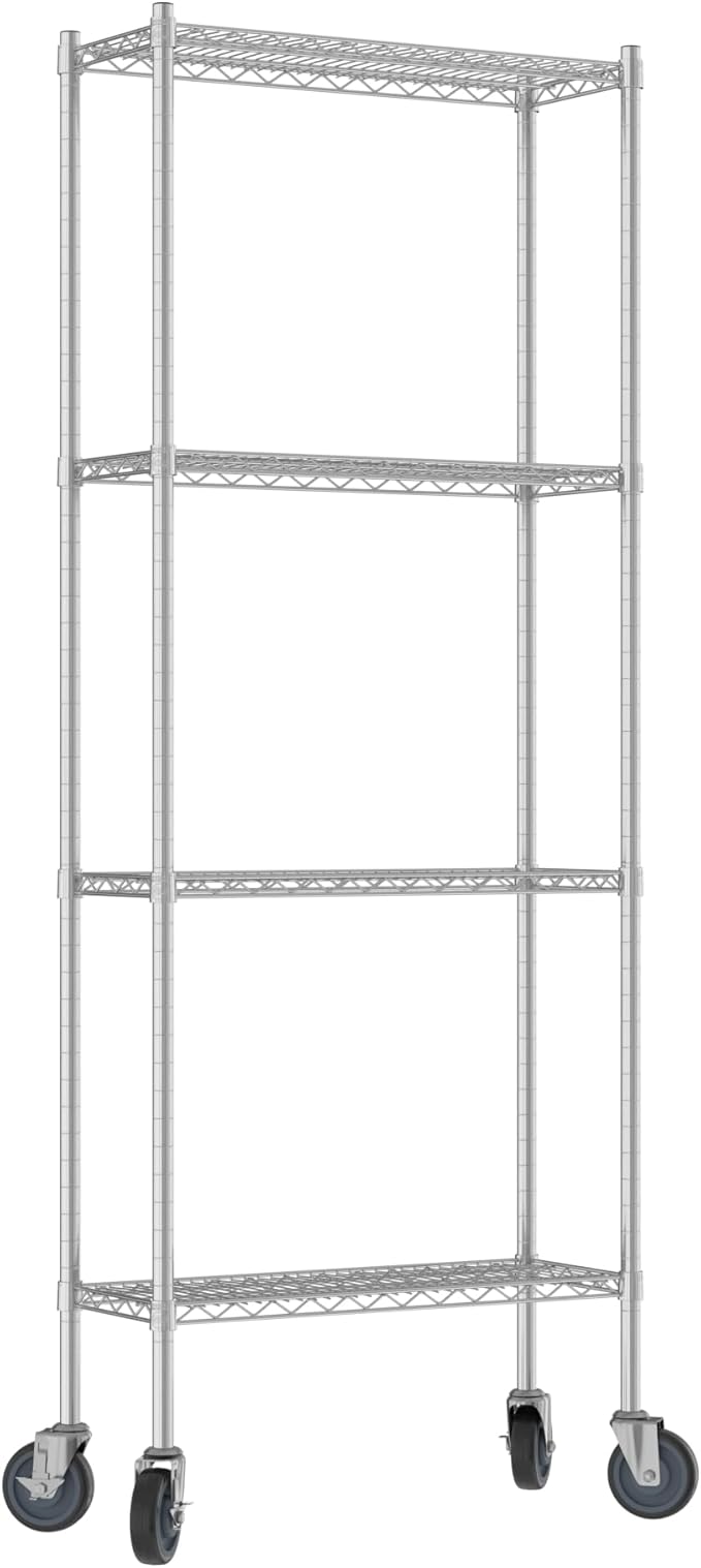 Commercial NSF Listed Chrome Mobile Wire Shelving Kit 12" x 30" x 80", with 4 Shelves Perfect for Warehouse, Walk-in Refrigerator, Freezer, Grocery Store, Restaurant, Dishroom
