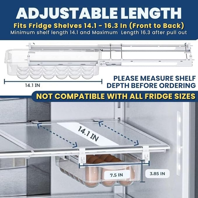 Skywin TidyFriend Refrigerator Egg Drawer 14"x7.5"x3.95" – Snap-On Egg Holder with Pull-Out Drawer, Holds 18 Eggs, Fits Flat Fridge Shelves 14.1–16.3 in Long and 0.93–1.32 in Thick