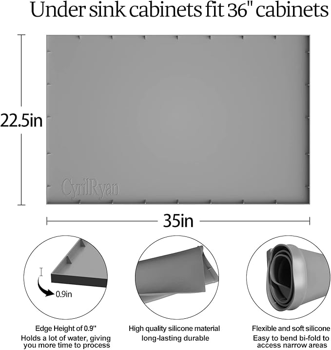Under Sink Mat Waterproof for 36" Cabinet, Kitchen Rubber Mat, Holds Over 3.3 Gallons Liquid, Carbon Cabinets Leak Protector, Bathroom Sink Line Drip Tray, Gray 35x22.5 inch