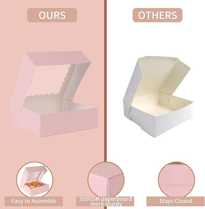 36 pcs 10x10x2.5 Inches Pink Bakery Boxes with Window, Cake Pastry Cookie Boxes, Mini Pie for Pastry box,Dessert,Strawberries,Chocolates (Pink, 10x10x2.5inch/36pcs)