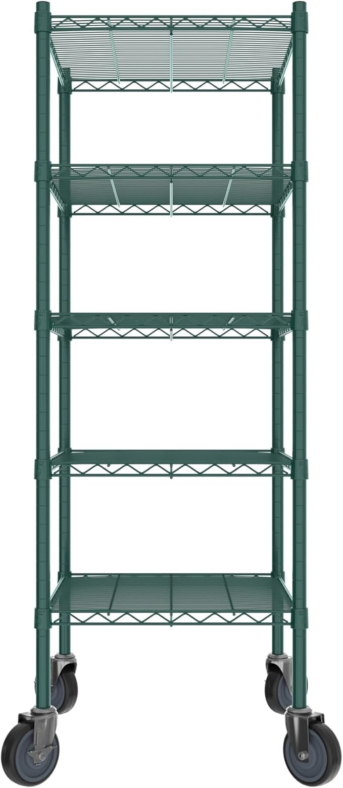 Commercial NSF Listed Green Epoxy Mobile Wire Shelving Kit 21" x 24" x 60", with 5 Shelves Perfect for Warehouse, Walk-in Refrigerator, Freezer, Grocery Store, Restaurant, Dishroom