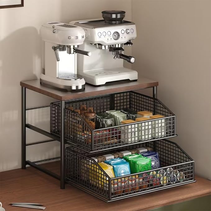 Kitchen Countertop Organizer with Drawer & Wire Basket, 3-Layer Fruit Storage Basket Snack Rack Hardwood, Desktop Pull-Out Metal Organizers for Coffee Maker Microwave Toaster & Spices (3-Layer White)