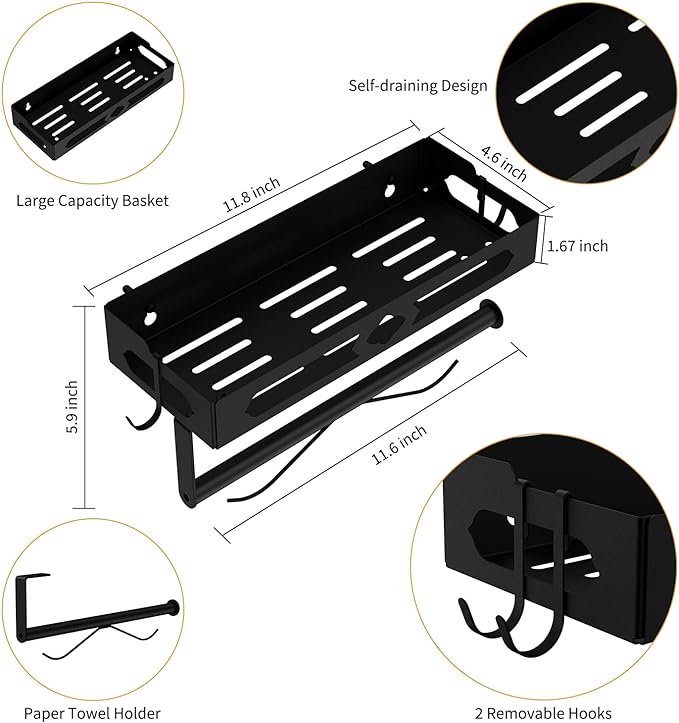 Paper Towel Holder Wall Mount for Kitchen, Easy One-handed Operation Design, Self Adhesive Paper Towel Holder with Shelf for Bathroom, RV Paper Towel Rack Paper Roll Holder with 2 Hooks, Black