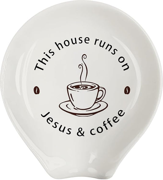 Coffee Spoon Rest, Coffee Bar Accessories & Spoon Holder, Coffee & Jesus Ceramic Spoon Holder for Coffee Lovers Gifts for Friend Wife Husband Sister (White-3)