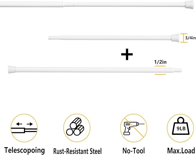 KXLife 2Pcs Tension Curtain Rod Adjustable 28-40 Inch, Small Tension Rods No Drill, Expandable Spring Loaded Tension Rods for Window (White)